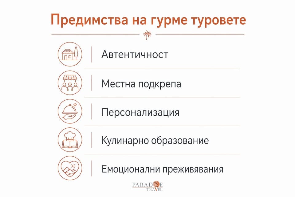 Визуално представяне на най-големите плюсове на гурме пътешествията
