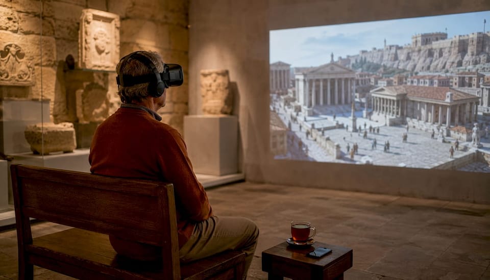 Мъж се потапя във виртуална разходка из руините на Древен Рим чрез VR очила.