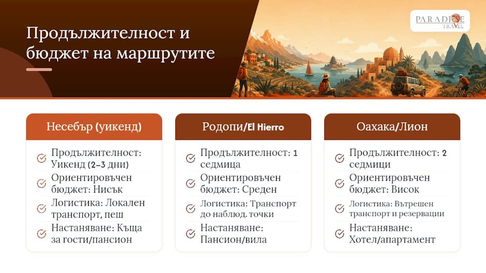 Сравнителна диаграма на различни видове специализирани пътувания според продължителност и бюджет