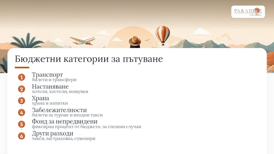 Инфографика с основни разходни категории за планиране на пътуване